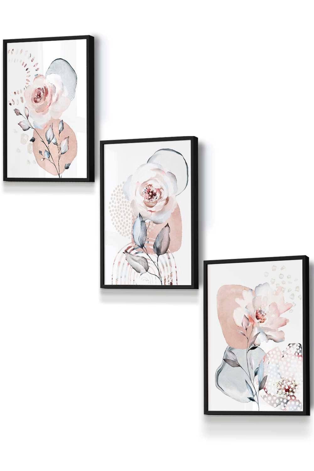 Set of 3 Black Framed Abstract Blush Pink Botanical Wall Art
